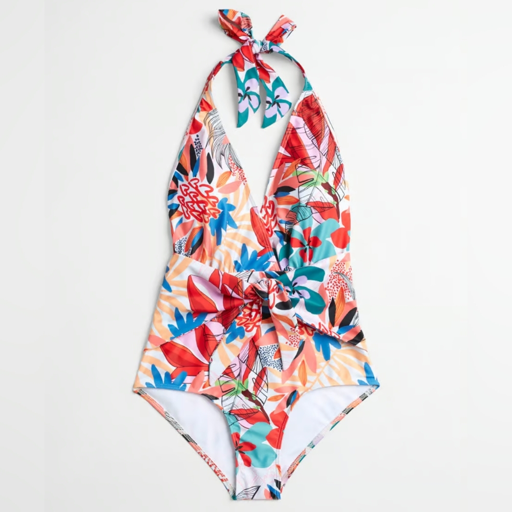 NWOT ModCloth White Abstract floral The Brooke Wrap Swimsuit